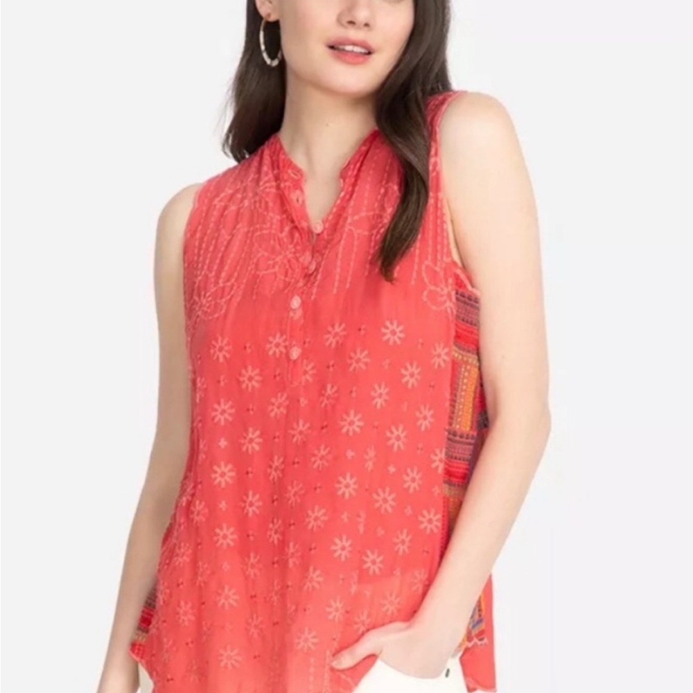 Johnny Was‎ Boho Sleeveless Turia Tank Embroidered Top Coral Pink Medium